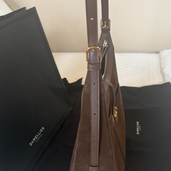 DeMellier Dark Brown Suede Hobo Shoulder Bag with Gold Padlock. Siena Hobo bag. - Picture 5 of 16